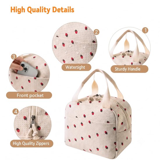 Dailygoods- Lunchtas Grote Geïsoleerde - Herbruikbare Draagtas - Lichtgewicht Voor Werk - 9L Capaciteit - Aardbei/beige - Thermische Retentie - Lunchbox — afbeelding 3