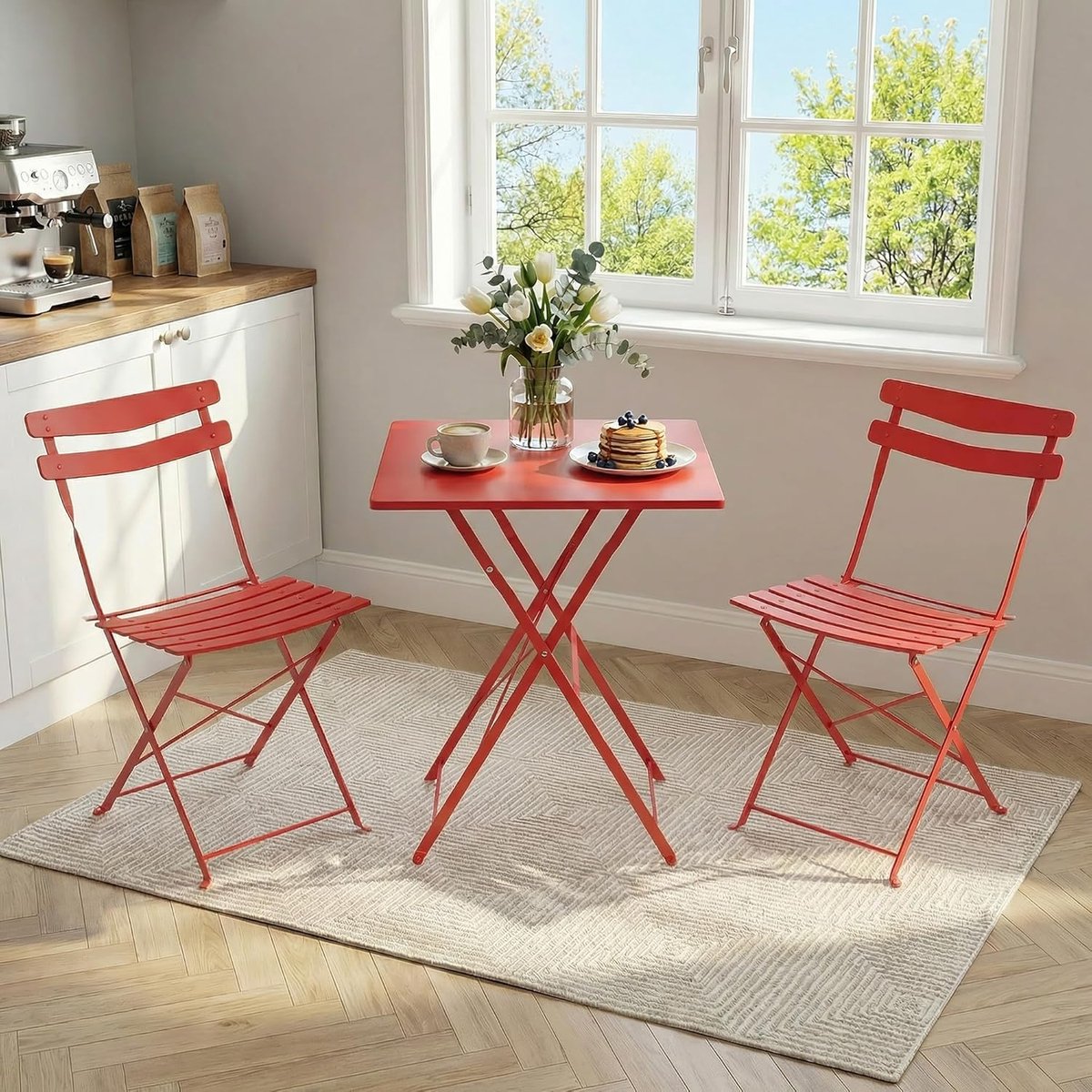 3-delige opvouwbare bistroset voor de tuin – Vierkante metalen tafel + 2 weerbestendige stoelen – Eenvoudig op te bergen – Geschikt voor balkon, terras, tuin en binnenplaats – Rood