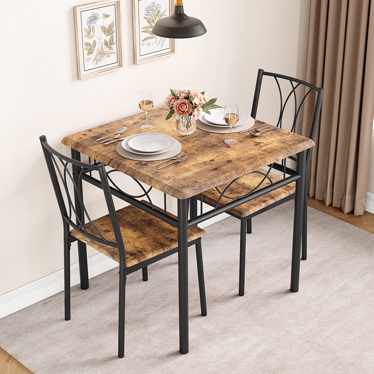 Eettafel Set - 74x74x76cm - Vierkante Tafel met 2 MDF-Stoelen - Voor 2 Personen - Geschikt voor Woonkamer Eetkamer of Appartement - Bruin – foto 3