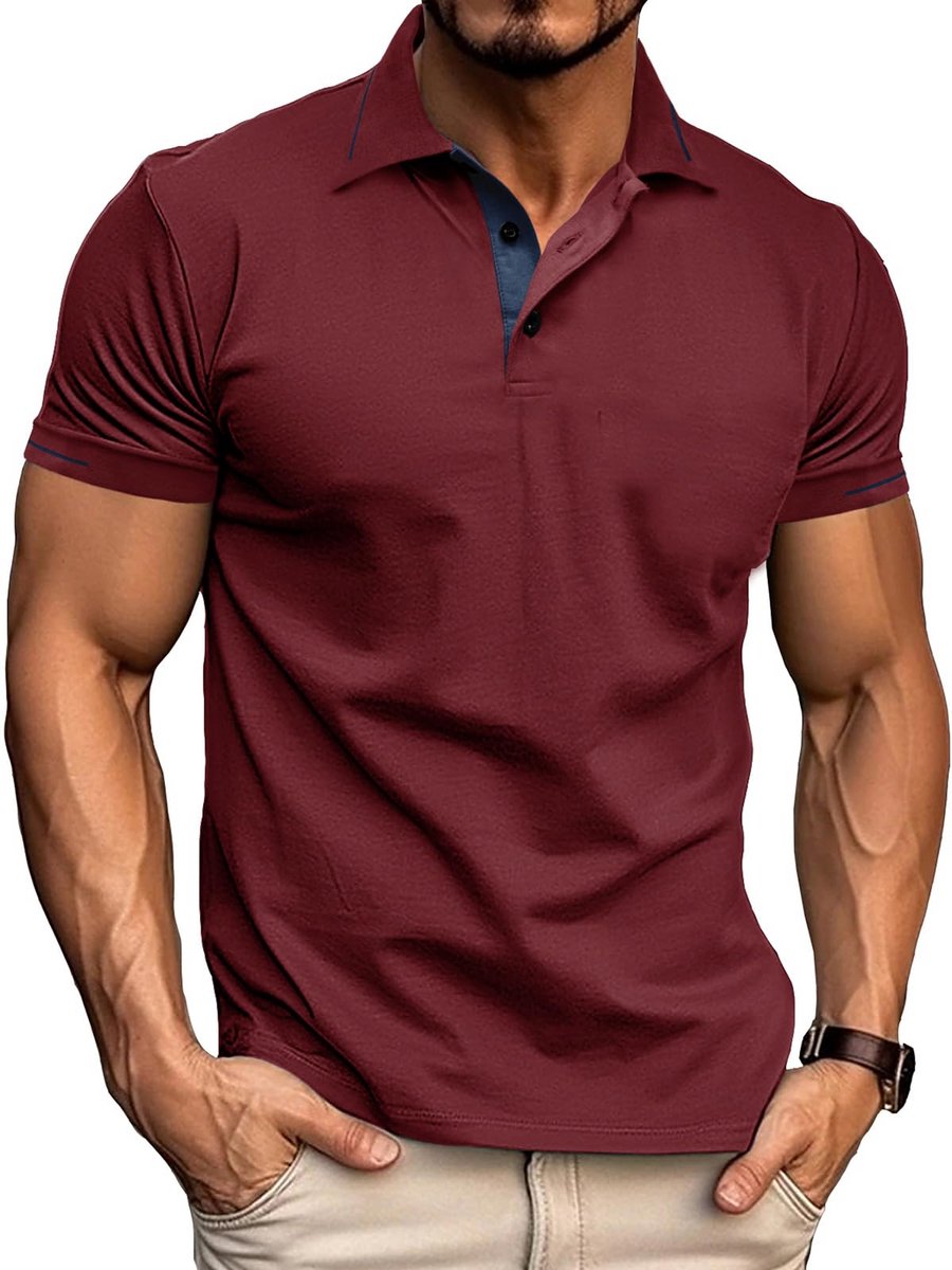 Poloshirt voor heren korte mouwen casual T-shirt contrastkleur regular fit zomer -3XL Rood