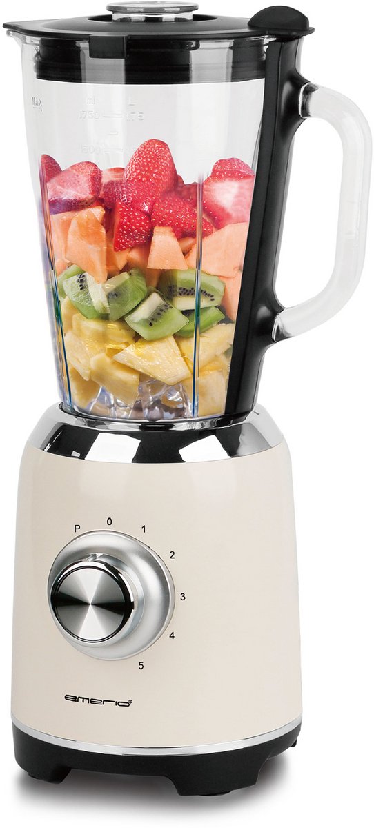 Emerio Retro Blender - 1,75L – Smoothie Maker met Glazen Kan - 5 snelheden - Pulsfunctie - RVS messen - 600W - BL-131620.7 Crème