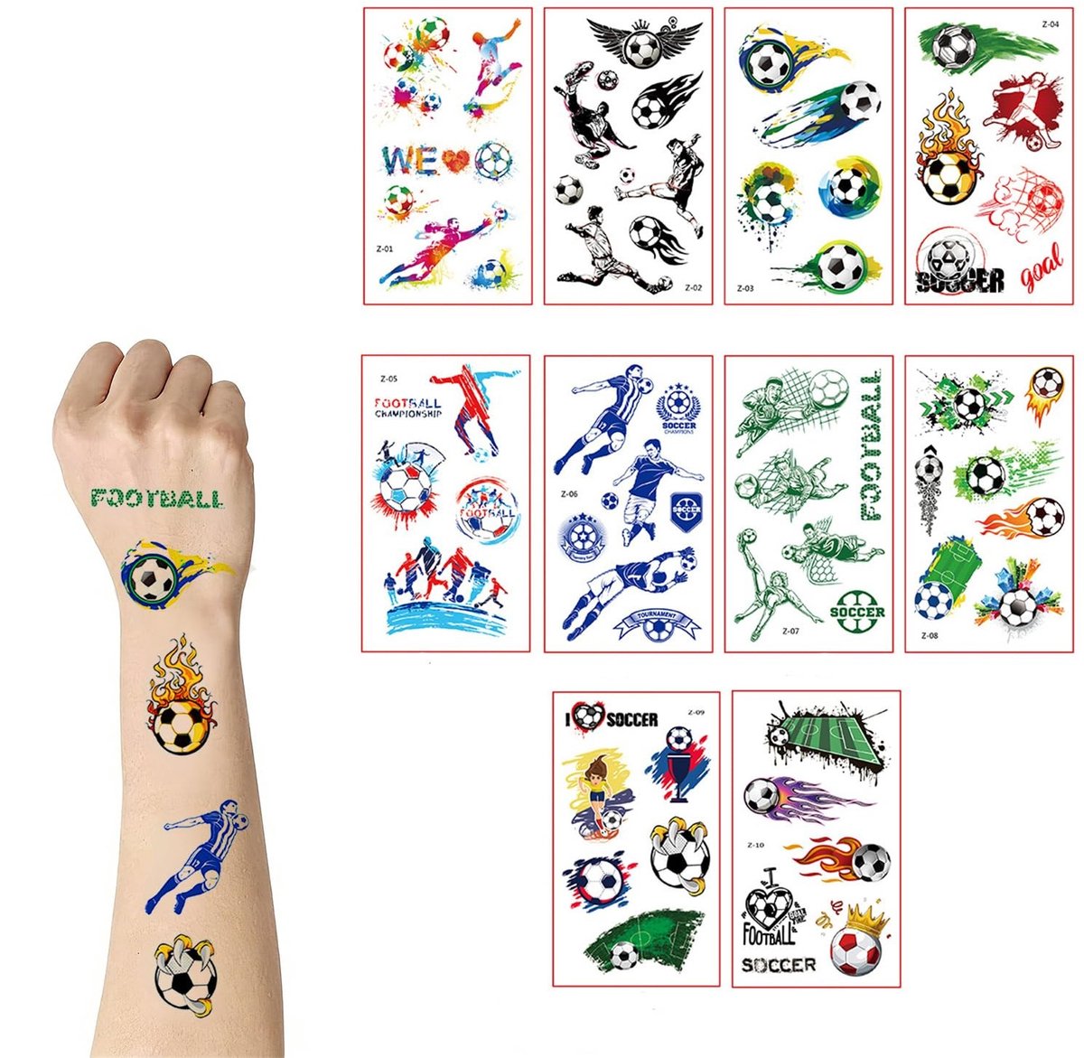 Dailygoods- Voetbaltattoo - 10 Vellen - Tatoeages Kinderen - Tijdelijke Tatoeages - Voetbal Tattoos Kinderen - Geschikt voor Feestjes - Afmetingen 6,8 x 12 cm - Tatoeage