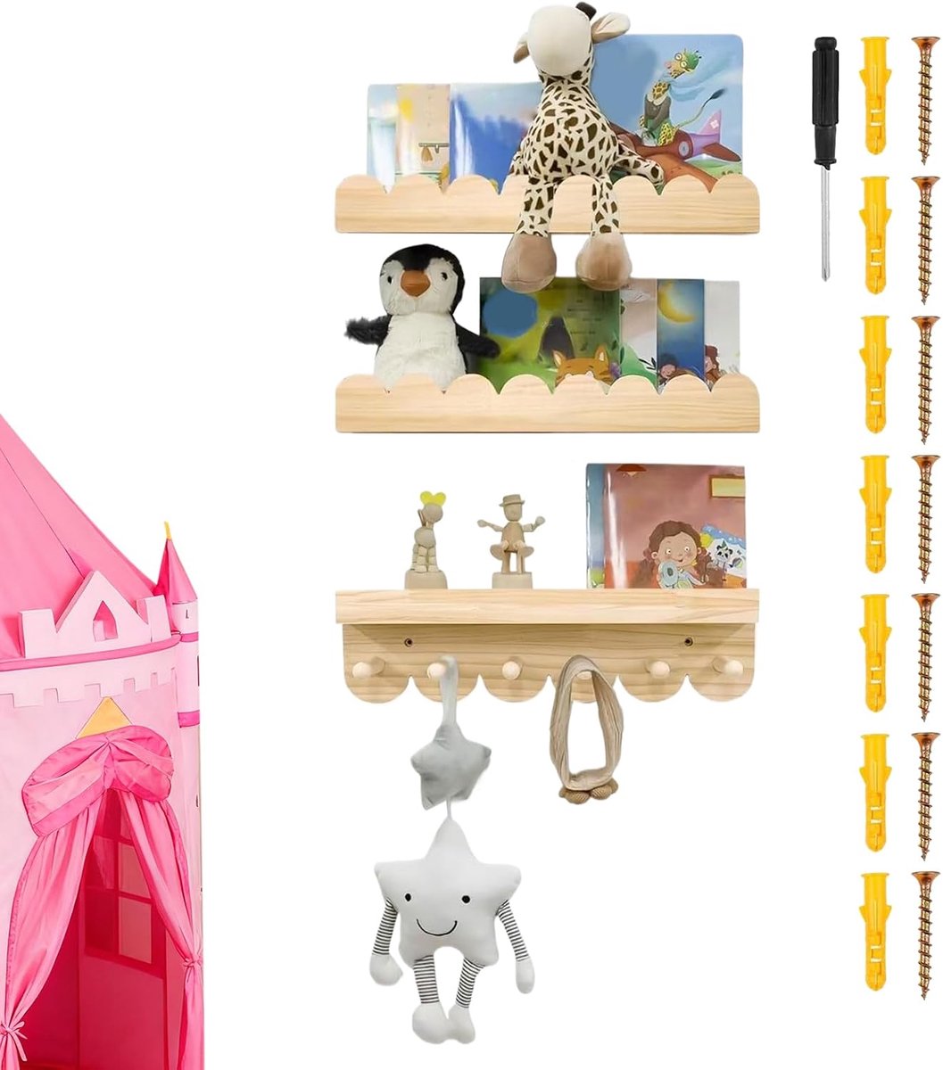 Boekenkast Kinderen - Wandrek Muur - Boeken Opbergen - Stevig Hout - 3 Stuks - Niet gespec
