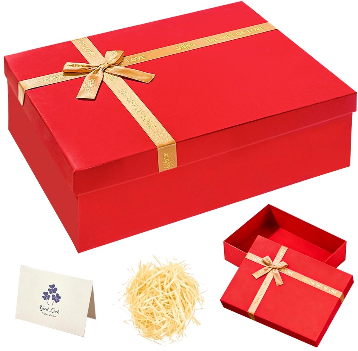 Dailygoods - Geschenkdoos, rode geschenkdoos met deksel, 40 x 30 x 15 cm, geschenkdozen met raffia en wenskaart, geschenkdoos voor verjaardag, Kerstmis en Valentijnsdag