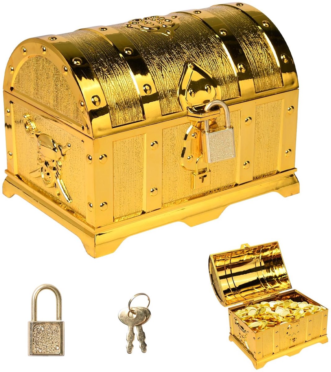 Dailygoods- Schatkist Gouden Munten - Opbergdoos met Deksel - Schatkistje met Slot - Piratenkist - Cadeau voor Kinderen - Duurzaam PP Plastic