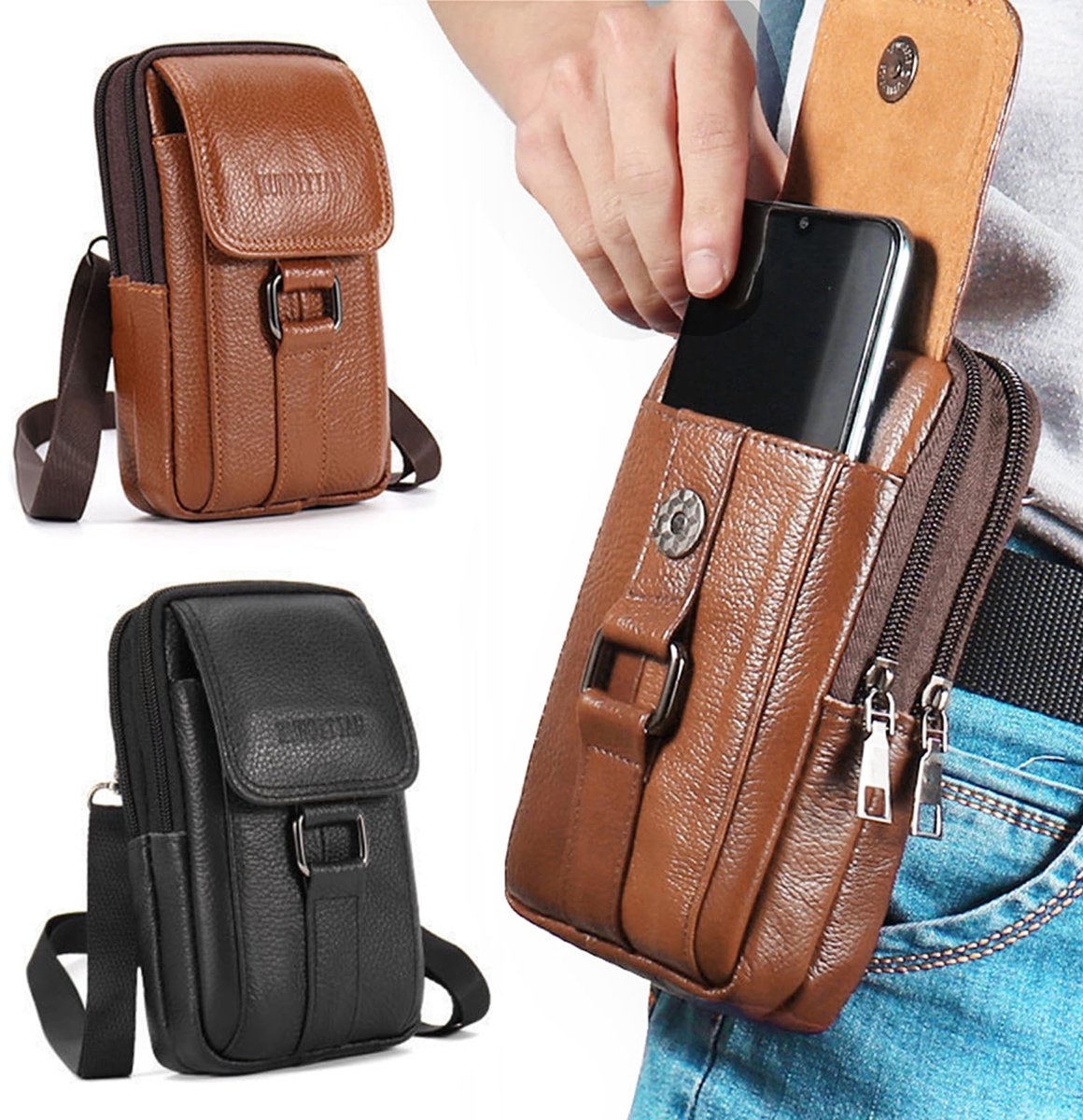 Dailygoods- Heuptas Echte Leer - Telefoonhoes - Riemtas - Buiktas - Grote Opslagcapaciteit - Veelzijdige Draagmogelijkheden - Telefoonhouder