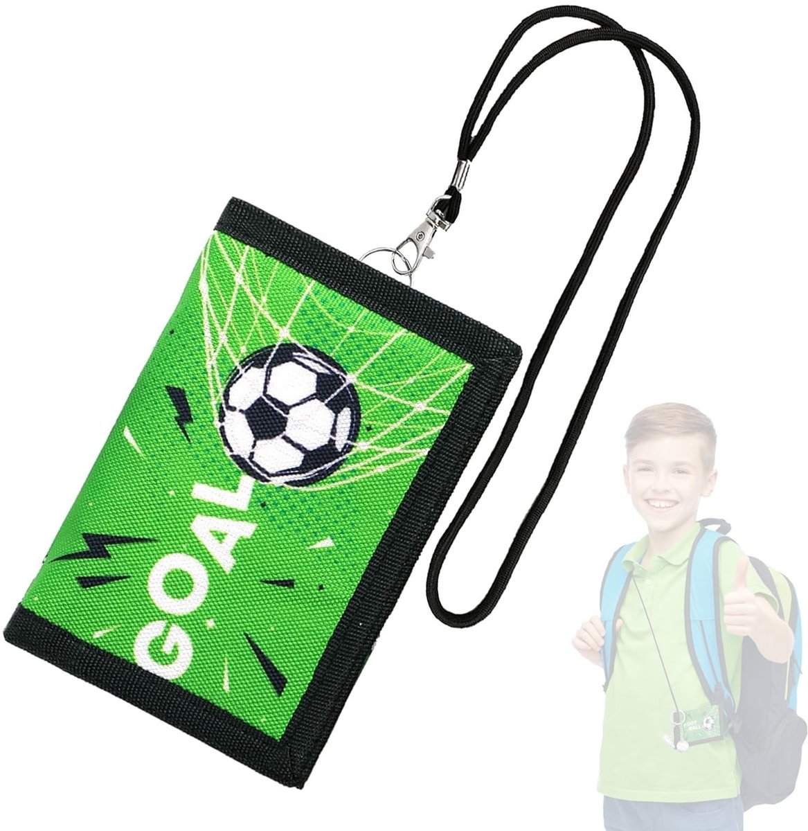 Dailygoods - Kinderportemonnee voor jongens, portemonnee voor kinderen, voetbalmotief, borsttas, klittenbandsluiting, design, portemonnee voor kinderen, voor tieners, jongens en meisjes, zwart, 1,