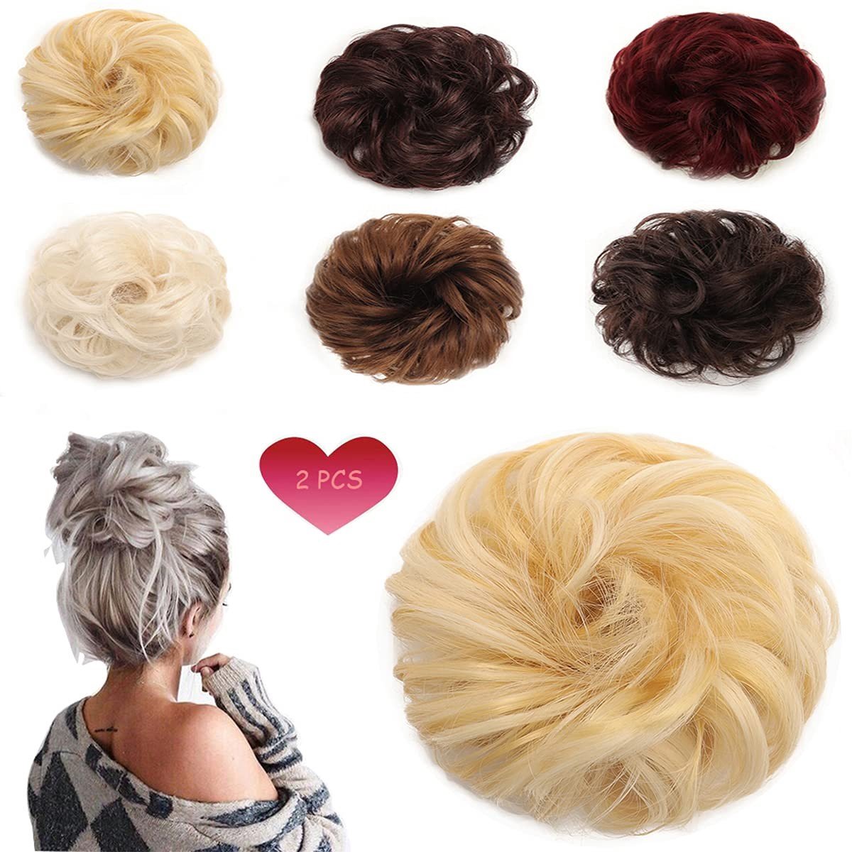 Dailygoods- Haarstukjes met clip - Haarstukjes dames - Haarstukjes voor dunner haar - Haarstukjes knot met elastiek - Rommelig haarelastiek - Hittebestendige kunstvezel - Haarextensies