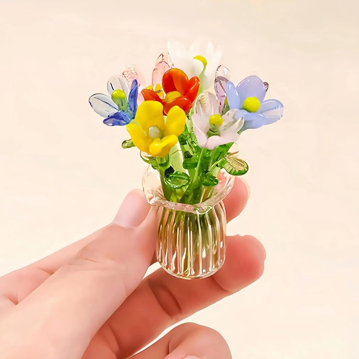 Glazen bloem decor - Miniatuur boeket - Tafel decoratie - Handgemaakt kristal - 65 cm hoog