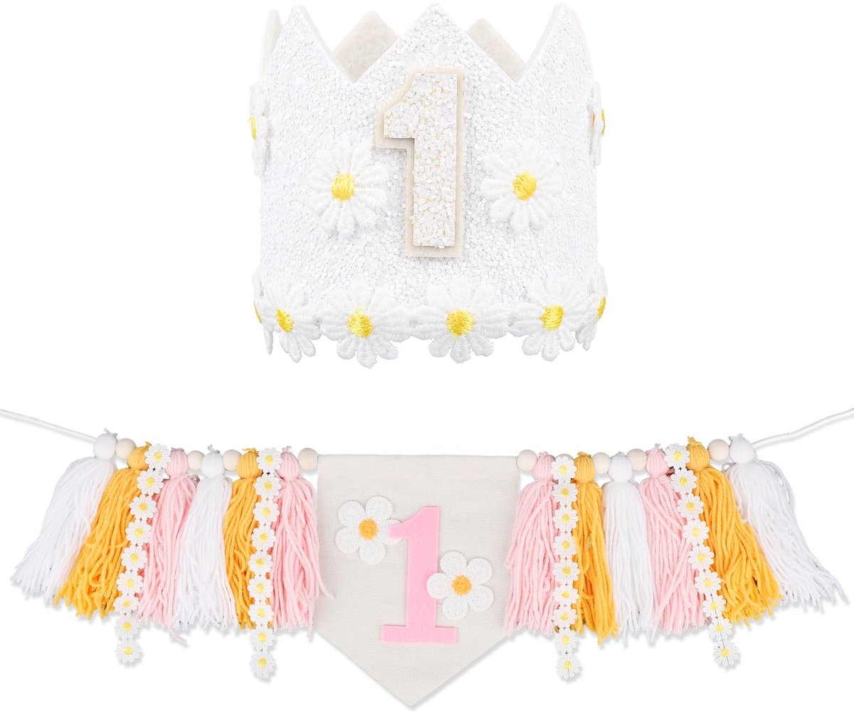 Dailygoods- Verjaardagsbanner Roze/Wit/Geel - Eerste Verjaardag Decoratie - Kinderstoel Banner - Daisy Kroon Hoed - Polyester/Non-woven Stof - Schattig Ontwerp - Verjaardagsdecoratie