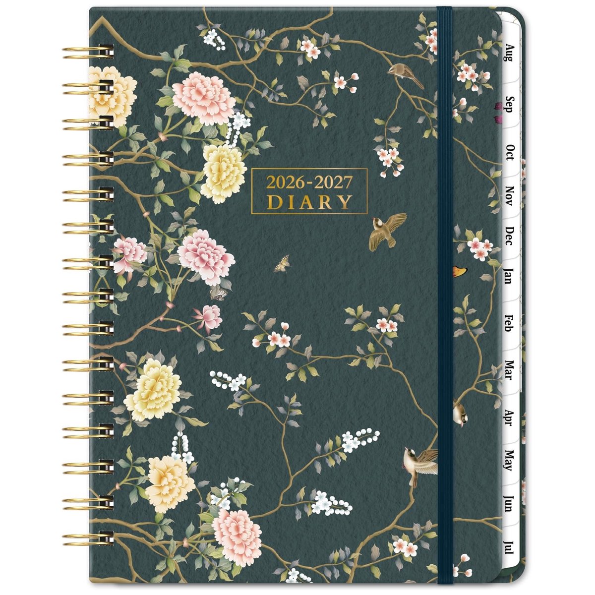 Dailygoods- Schoolagenda 2026-2027 - A5-agenda - Weekoverzicht - Gebloemde Hardcover - Duurzame Spiraalbinding - Elastische Band