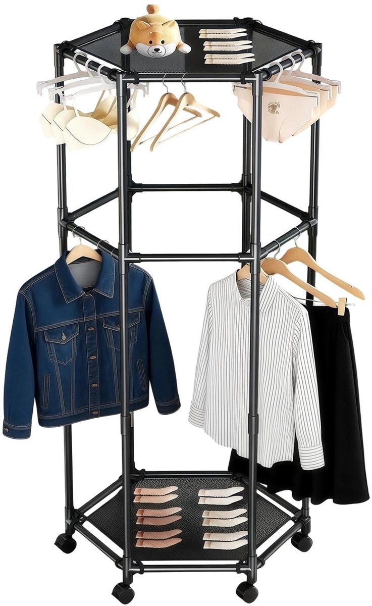 Dailygoods- Kapstokrek Ruimtebesparend - Kledingrek op Wieltjes - Kledingstang van Metaal - Hexagonaal - Geschikt voor Slaapkamer/Balkon