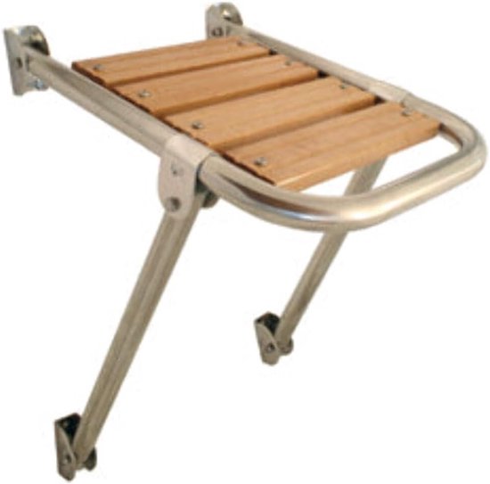 Zilverkleurig metalen inklapbaar platform met teakhouten zitting, 210x390mm.