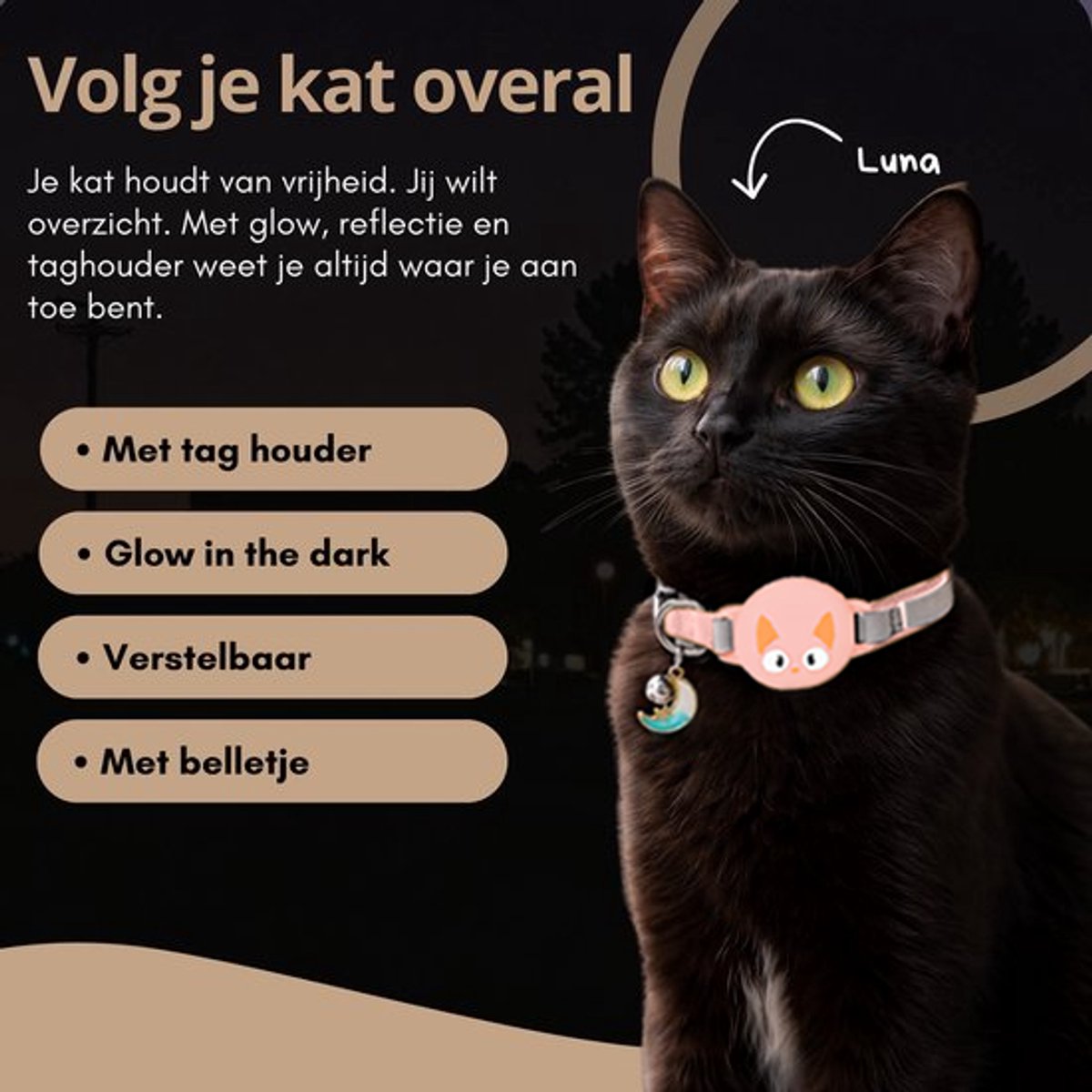 Pets n Paws Kattenhalsband Tag Houder - Verstelbare Halsband Kat - Met belletje - Glow in the Dark - Reflecterend - Geschikt voor AirTag - Kat GPS Tracker Houder - Kitten / Hond - Kattenbandje - Cat Collar - Kattenriem - Zalmroze – foto 3