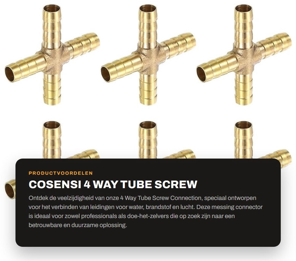Dailygoods- Tuleconnector 6 Stuks - Messing 4-Weg Verbinding - 5/16 Inch (8mm) - Slangconnector - Water/Vloeistof/Lucht Transport - Duurzaam en Corrosiebestendig - Pijpenkoppeling