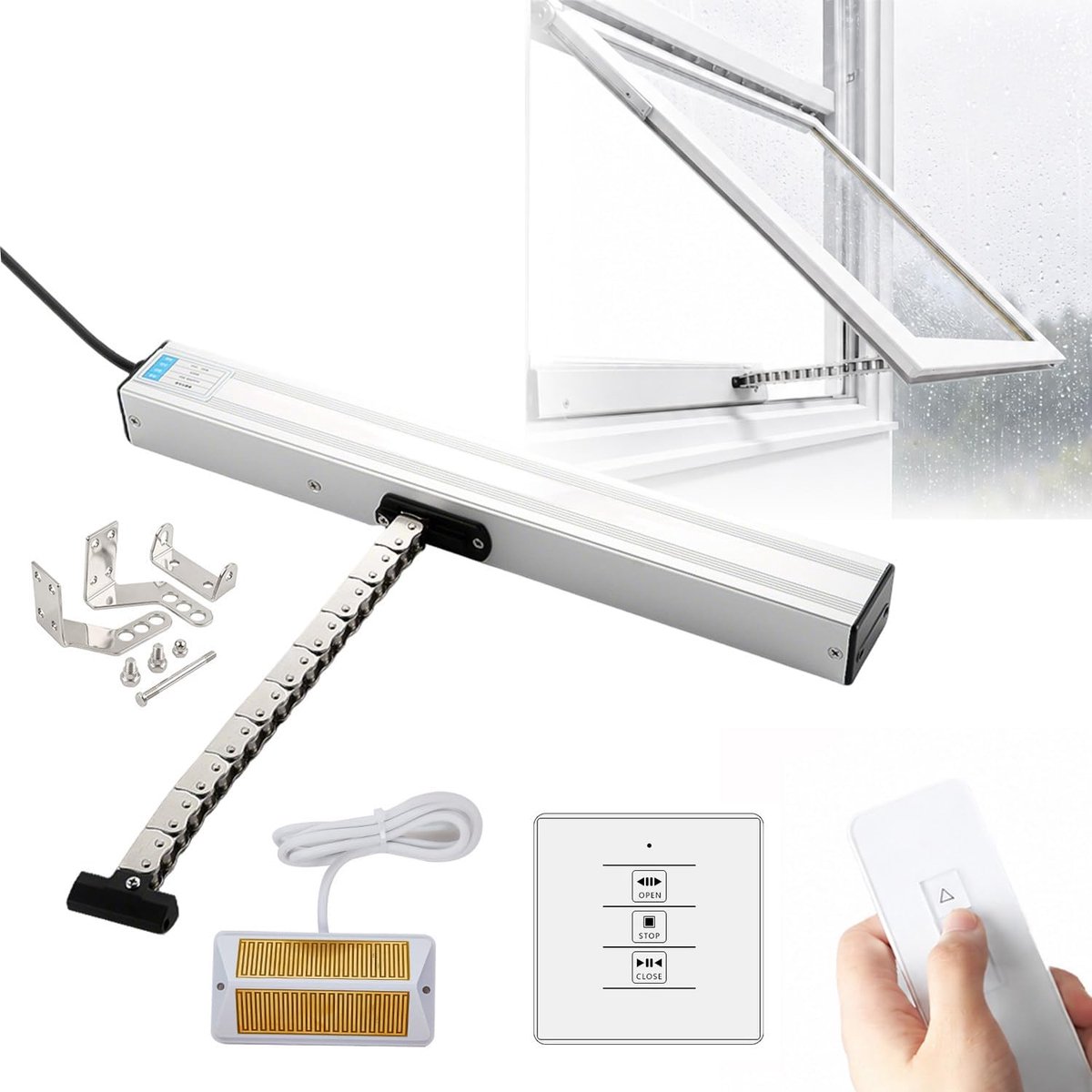 Elektrische raamopener - Automatische opener - Ventilatie regelen - Met regensensor - 400 mm slag - Zilver