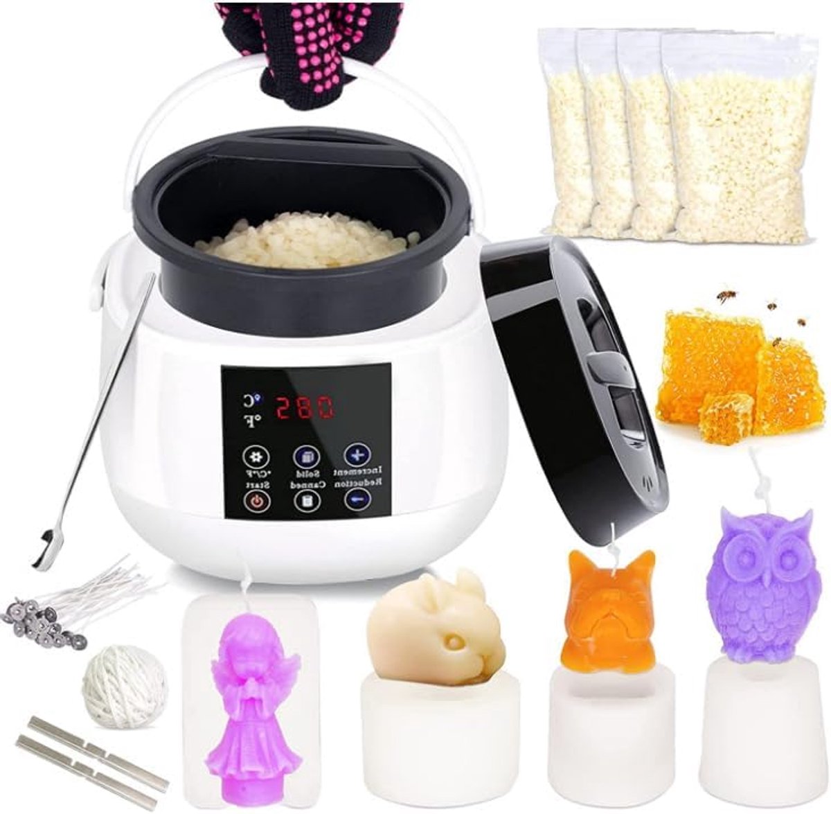 Elektrische Wax Smelter - Kaarsenmaker Set - Ambachtelijke Kaarsen Maken - Nauwkeurige Temperatuurregeling - 500 ml - Wit