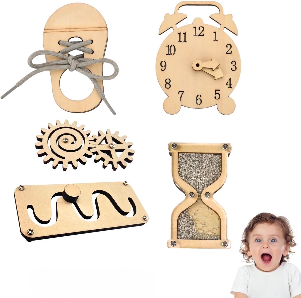Dailygoods- Busy Board 5-delige set - Sensorisch Speelgoed - Montessori Educatief - Houten Onderdelen - Doolhof/Tandwiel - Leerklok/Zandloper - Sensory Board