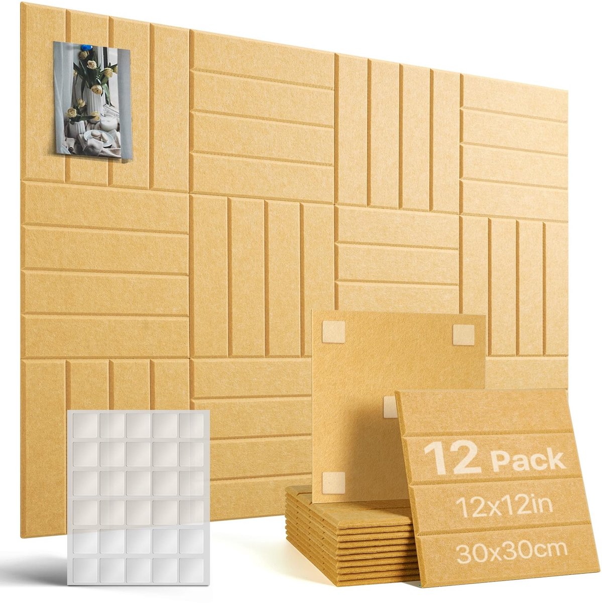 Dailygoods- Prikbord Zelfklevend 120x90 cm - Vilt - Decoratief Memobord - 12 Stuks (30x30 cm) - 60 Dubbelzijdige Plakkers - Akoestische Panelen