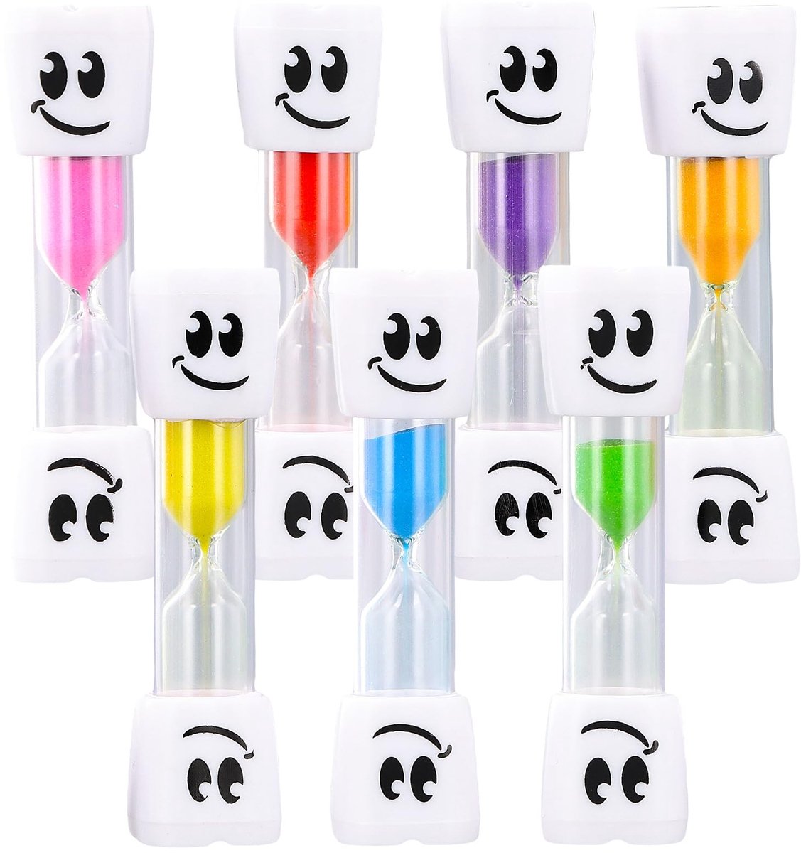 Dailygoods - 7-delige zandlopertimer, 3 minuten, lachende zandloper voor kinderen, zandloper, tandenpoetsen, speelse timer voor tandhygiëne, keuken, spelletjes, studie, meerkleurig