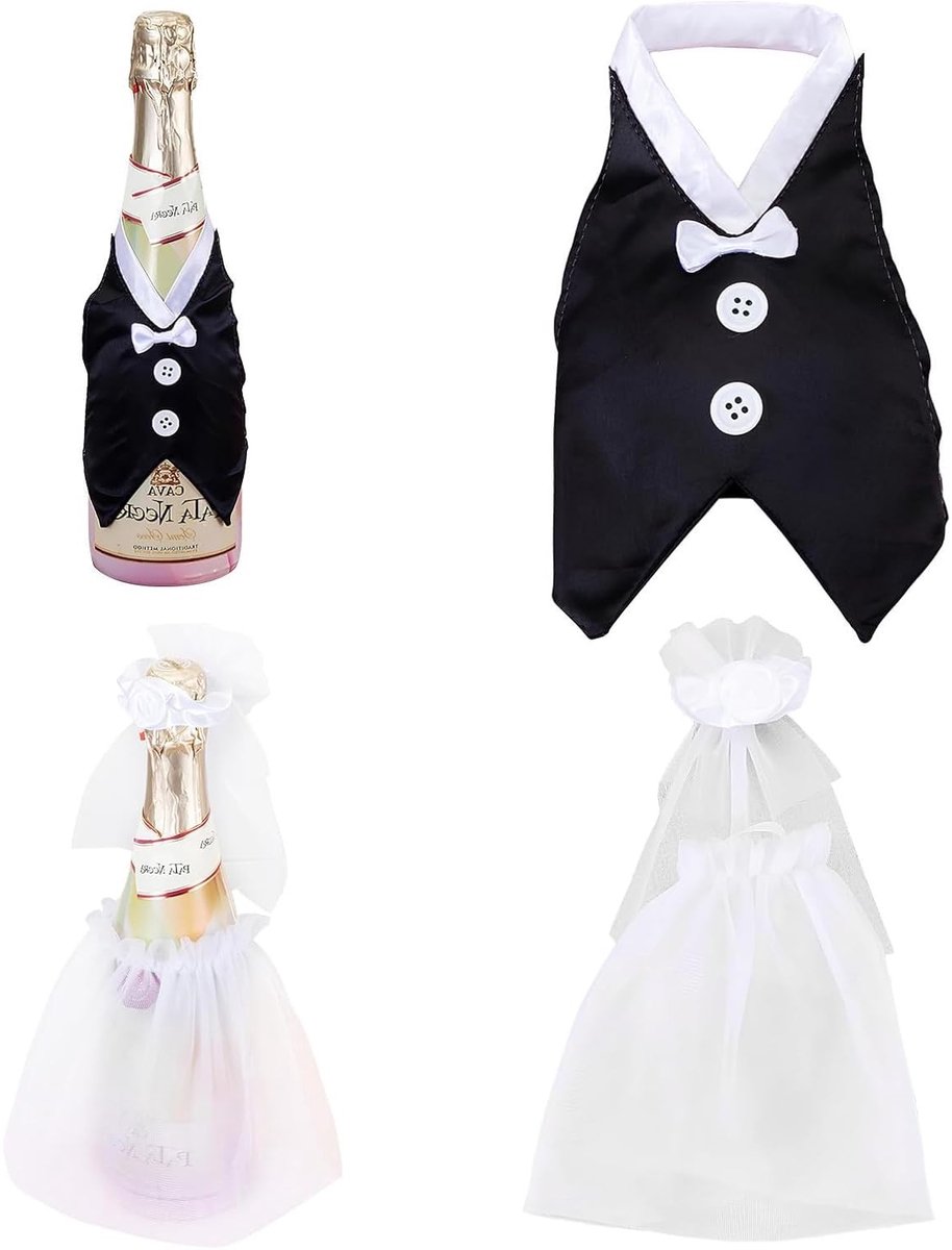 Dailygoods- Wijnflessen Decoratieset - Set van 2 Fleshoezen - Bruidegom Smoking / Bruid Jurk - Tafelstukken - Jubileumgeschenken - Elegant Tule Ontwerp - Flesdecoratie