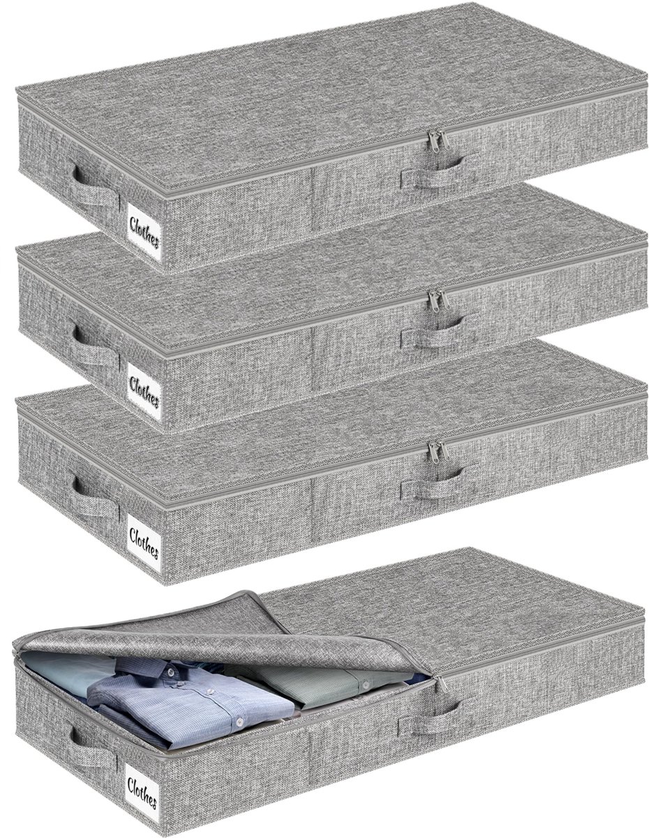 Dailygoods - Opbergdoos voor onder het bed met deksel, 12 cm hoog, 4 stuks opvouwbare onderbedcommode, wasbare kledingopslag en organisatie, 3 handgrepen, ritssluiting, opbergdozen voor kleding, dekens