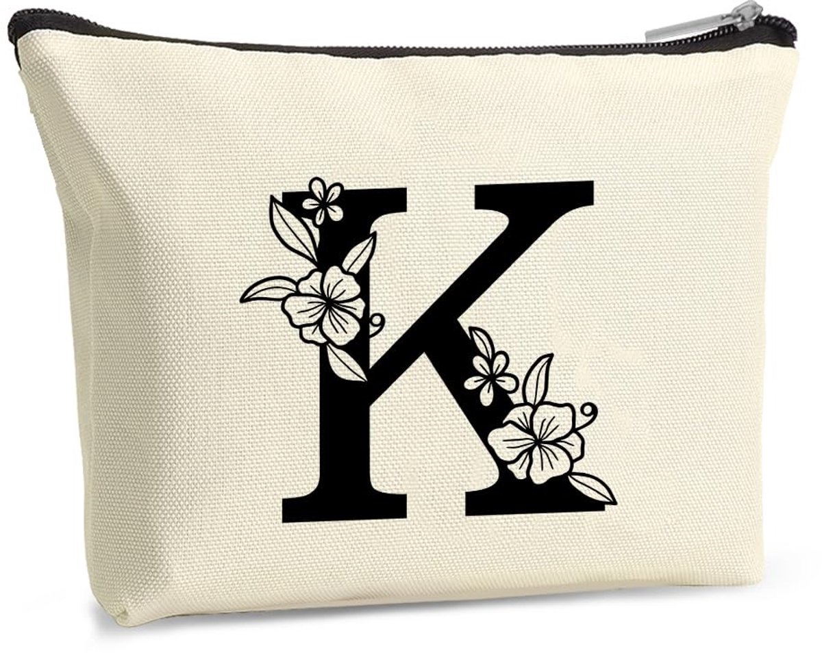 Dailygoods - Gepersonaliseerde A-Z make-uptas met bloemenletters, make-uptas voor meisjes, vrouwen, mama, vriendin, bruidsmeisje, reis-make-uptas, cadeau-idee voor vrouwen, K, geen