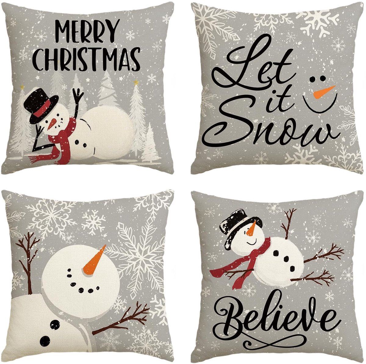 Dailygoods - Set van 4 Sneeuwpop Sneeuwvlokken Kerst Kussenslopen 45x45 cm