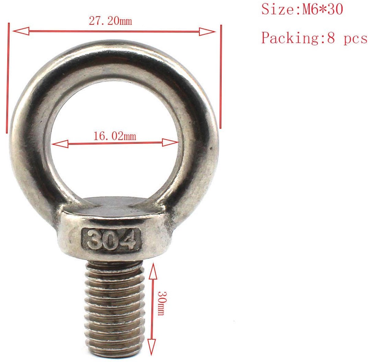 Dailygoods- Oogbout M6 - 304 Roestvrij Staal - Pack van 8 Stuks - Verlengde Draad 30mm - Antiroest - Duurzaam en Schokbestendig - Ophangring
