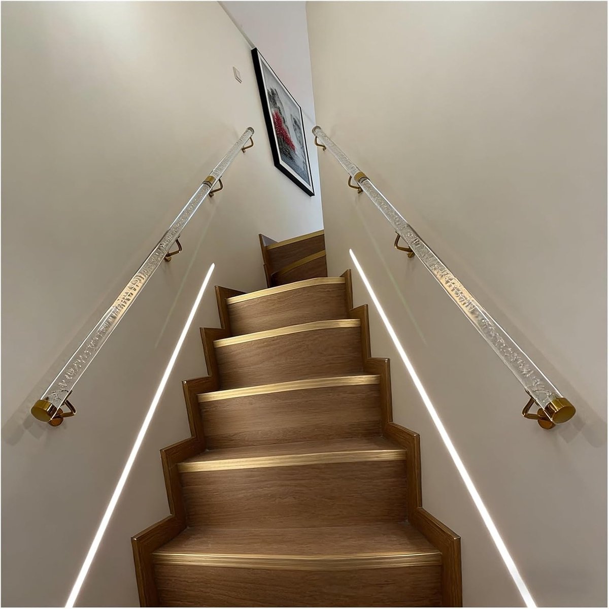 Acryl Trapleuning - Steun voor trap - Veilig Traplopen - Sterke RVS steunen - Tot 6 meter - Gouden beugel