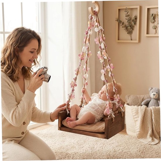 Baby Schommel - Houten Stoel - Foto Prop - Met Bloem Touw - 32 cm - Donkerrood — afbeelding 5