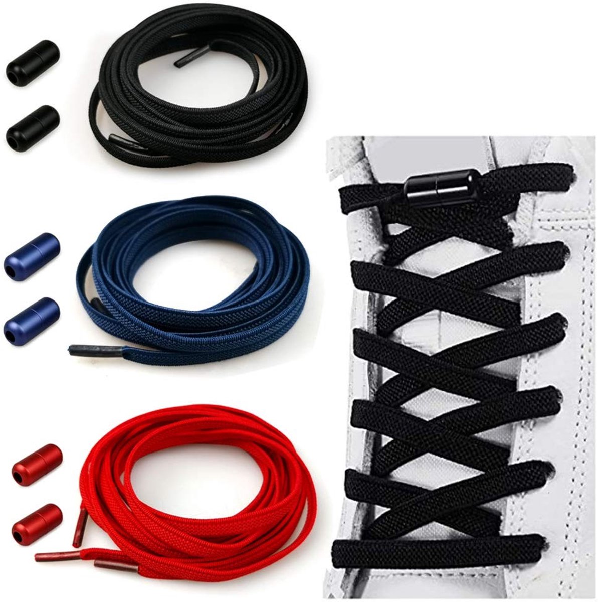 Dailygoods- Schoenveters Elastisch 100 cm - Veters voor Kinderen/Volwassenen - Antislip Metalen Gespen - Vervangende Stropdas - Modieuze Kleuren - Geschikt voor Alle Schoenen - Elastische Veters