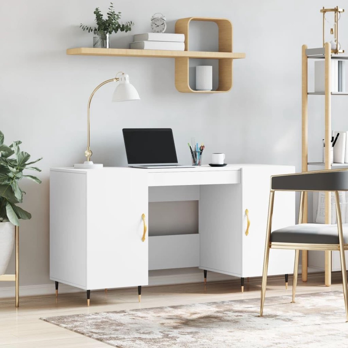 Bureau met Opbergruimte - Studietafel Werkplek - Thuiswerken Organiseren - Vochtbestendig Hout - 140 x 50 cm - Wit