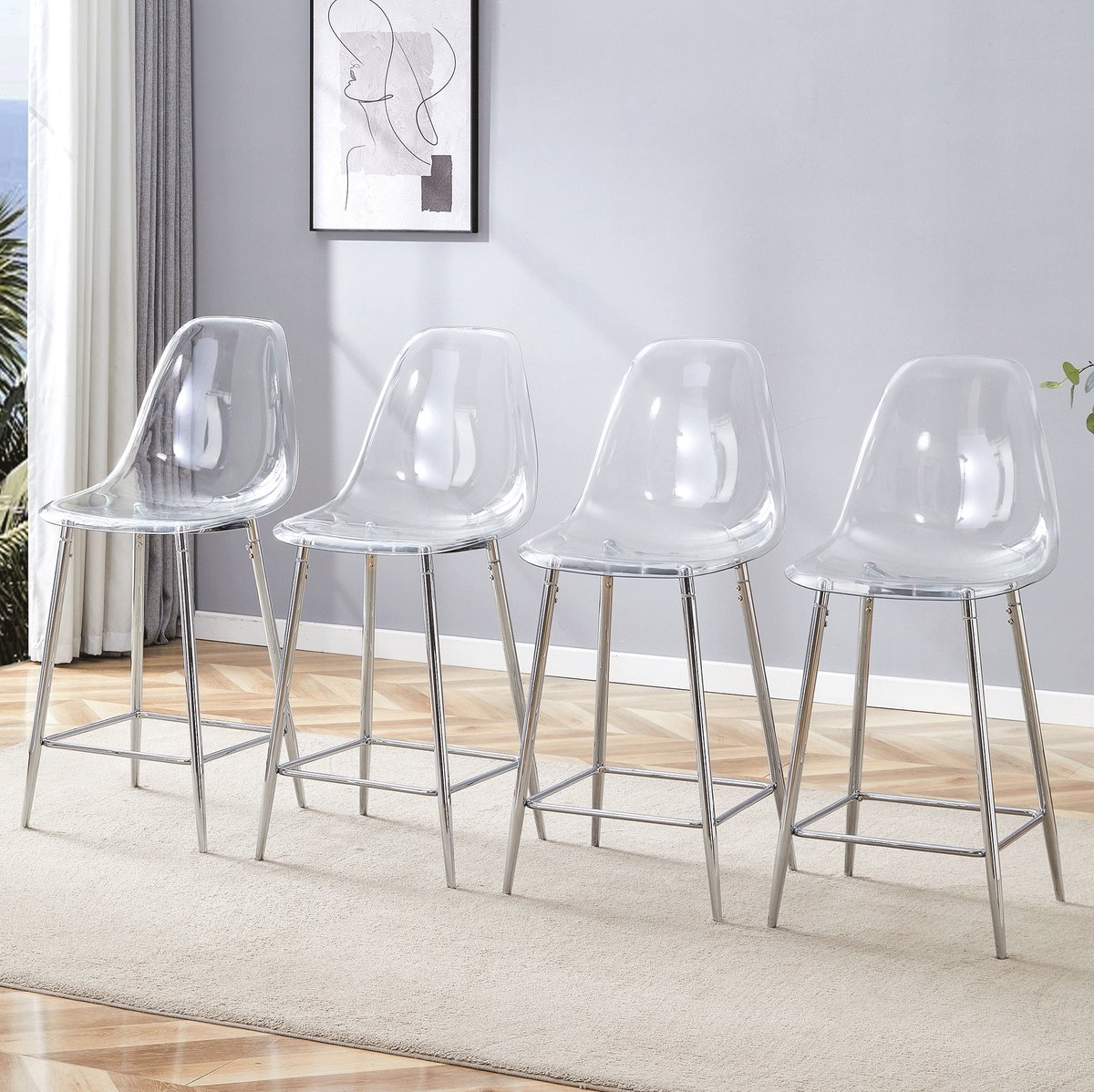 HAUSS SPOLE Barkruk - Transparante Barkruk Set Van 4 - Met Rugleuning En Voetsteun - Voor Keuken, Bar En Eetkamer - Kunststof Transparant En Zilver