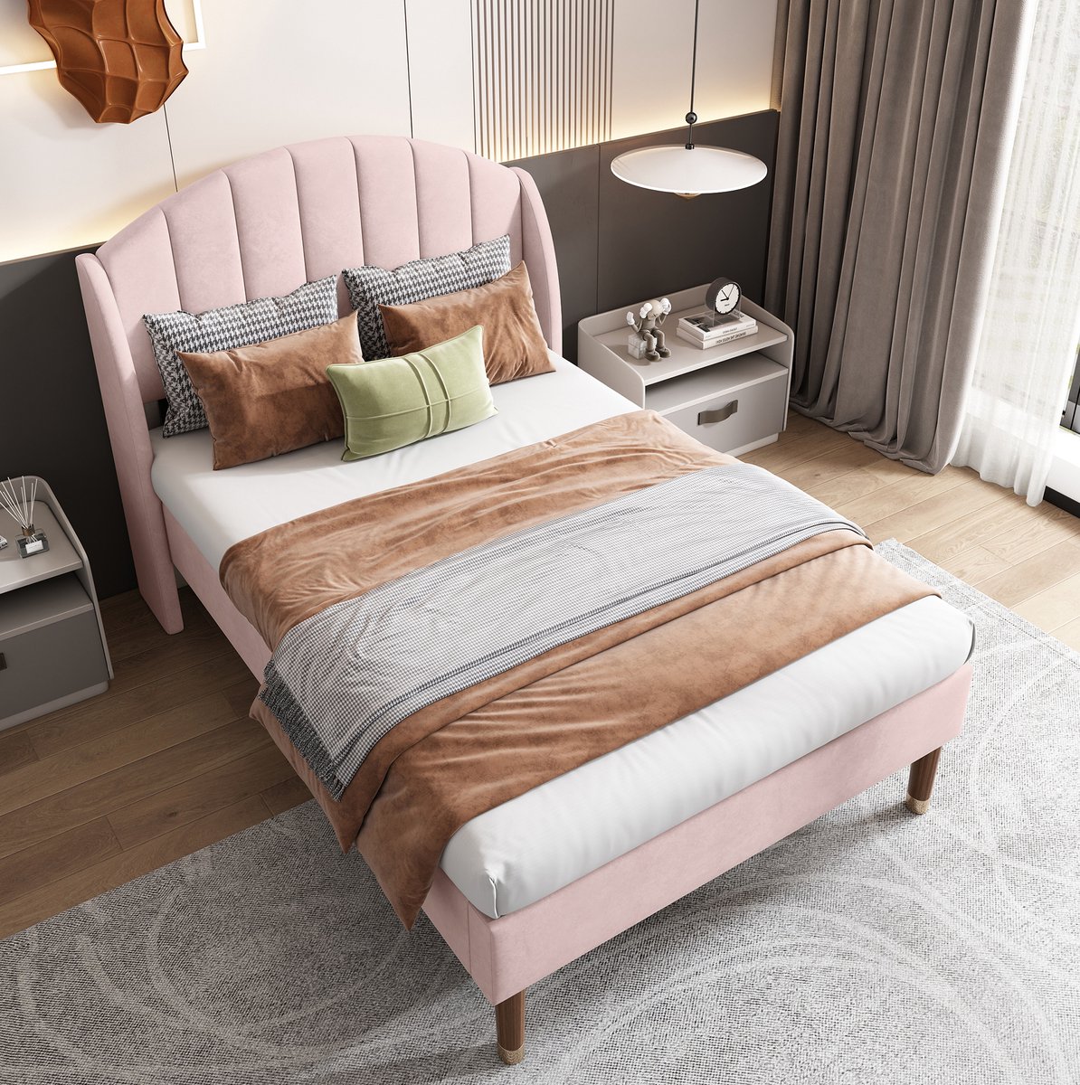 MEUNIQ gestoffeerd eenpersoonsbed 90x200 cm met lattenbodem en hoog hoofdbord, fluwelen bedframe voor slaapkamer of jeugdkamer, roze