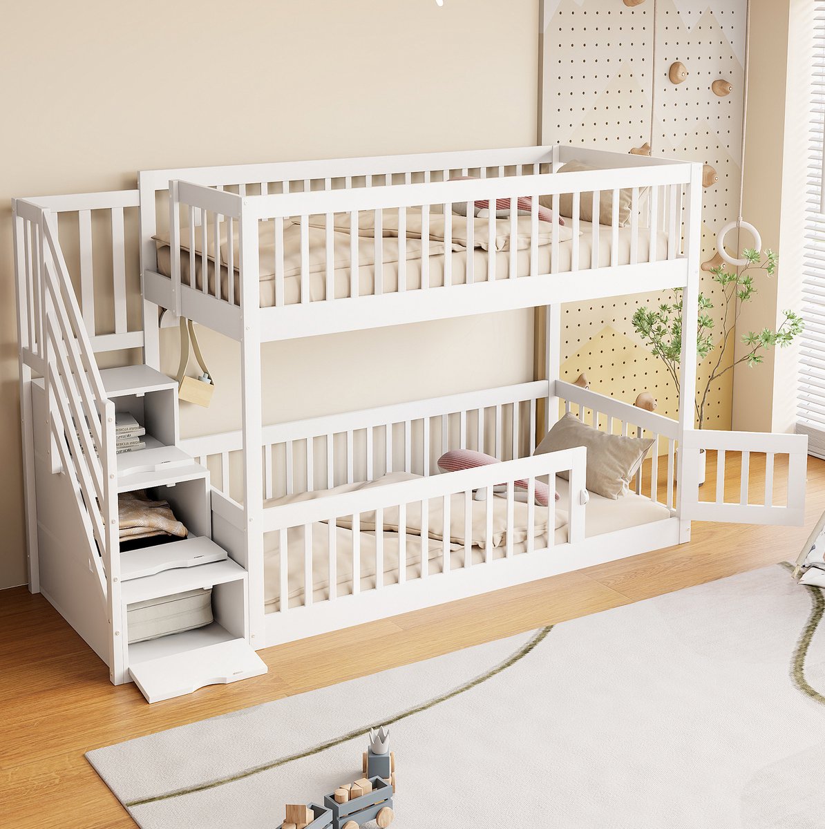 MEUNIQ stapelbed 90x200 cm kinderbed met veiligheidstrap, opberglades en uitvalbeveiliging, wit houten bedframe voor kinderkamer met speelgedeelte