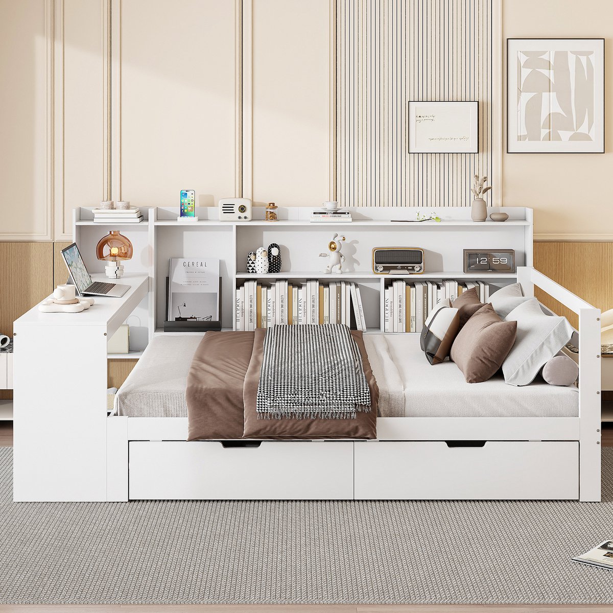 MEUNIQ slaapbank 140x200 cm met bureau, boekenkast, planken, 2 lades, stopcontact en USB, lattenbodem, wit, voor slaapkamer of logeerkamer