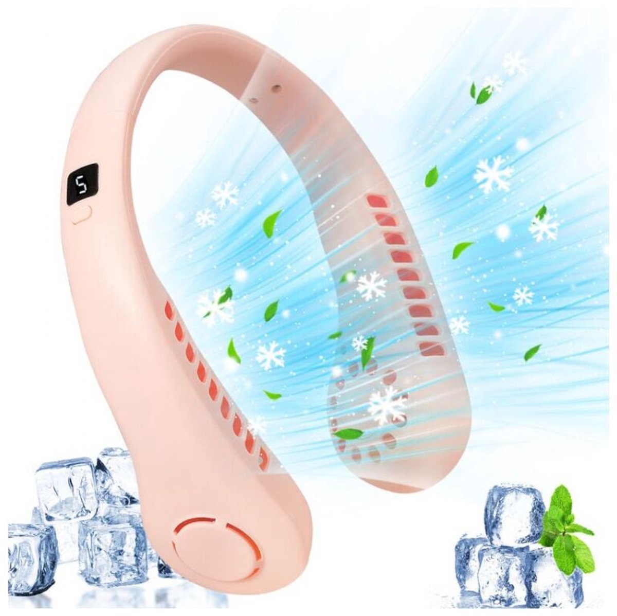 YAGXIG Draagbare Nekventilator - 360° Draaibaar - 5 Windsnelheden - USB Oplaadbaar - Handsfree ontwerp zonder bladen - Draaibaar - Mini Draagbare Ventilator - Geschikt voor Mannen, Vrouwen en Kinderen - Roze