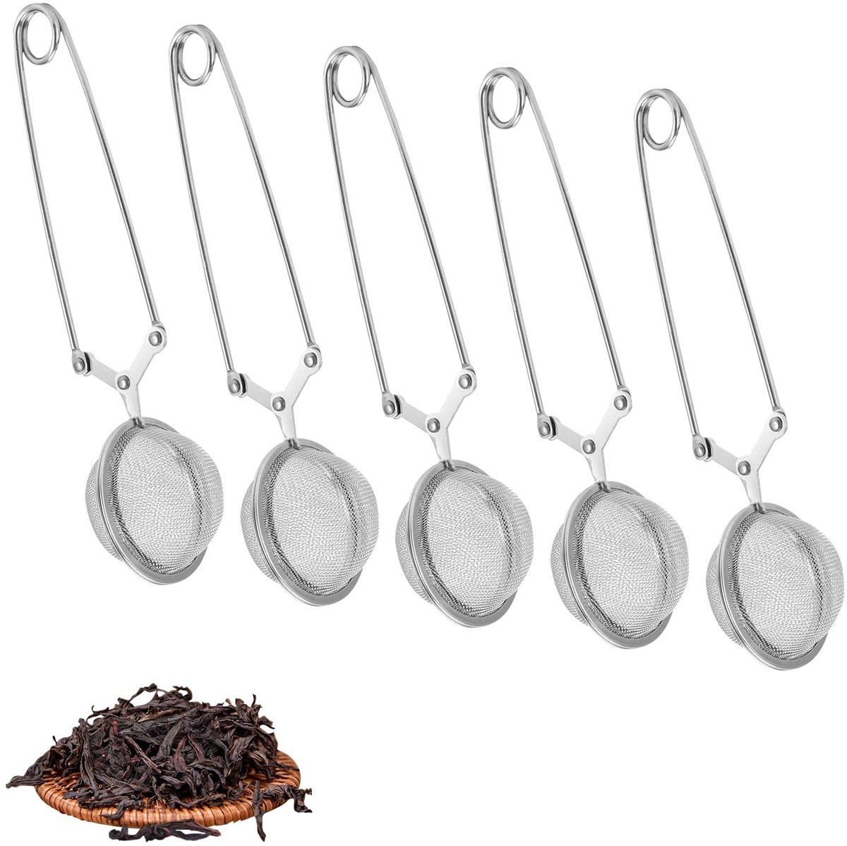 Dailygoods- Theezeef 5 Stuks - Thee-ei Bolvorm - Losse Thee - Roestvrij Stalen Thee-tang - Fijn Net - Duurzaam en Corrosiebestendig