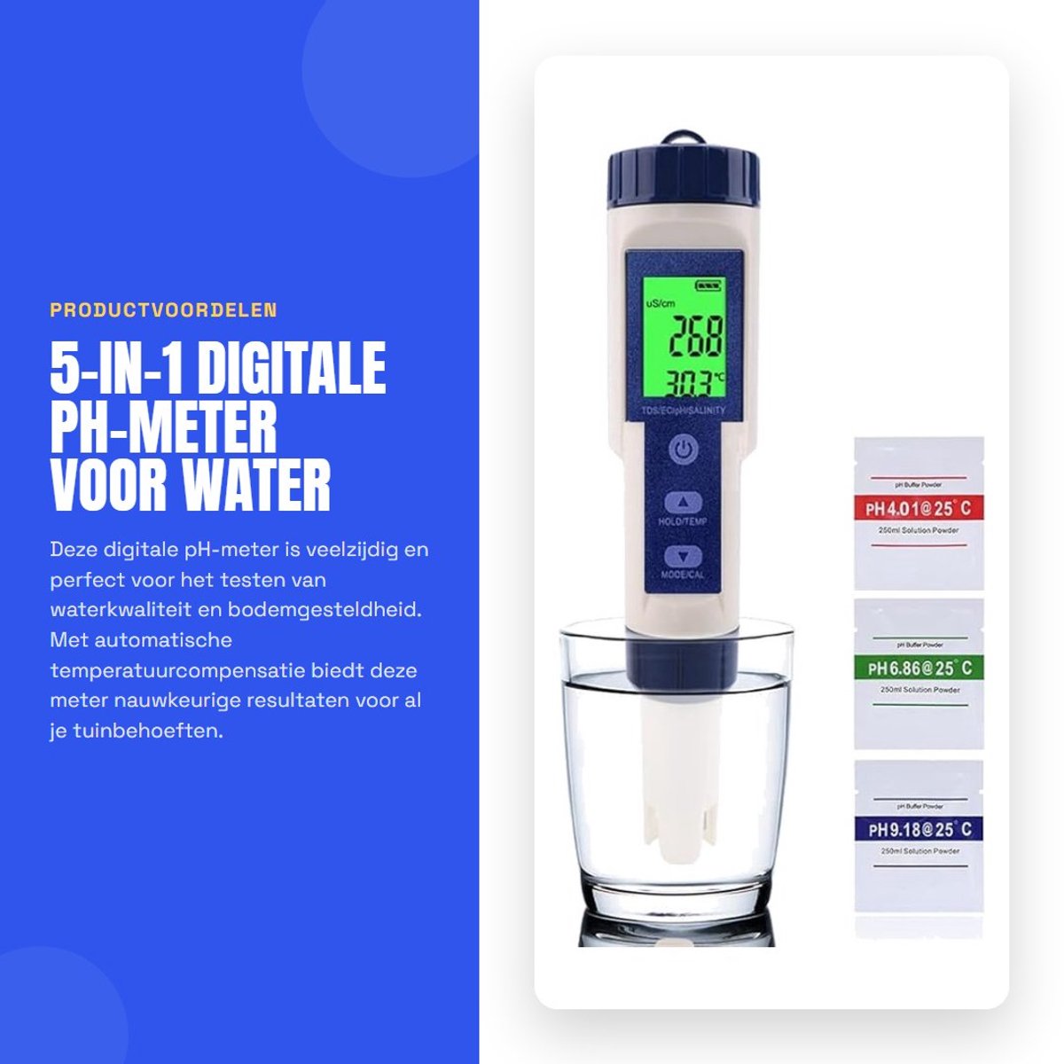 Dailygoods- pH-meter waterdicht - 5-in-1 kwaliteitstester - automatische temperatuurcompensatie - lcd-display - nauwkeurige metingen - afmetingen 183 x 37 mm - Waterkwaliteitstester