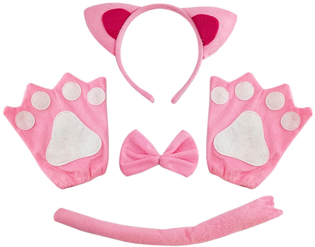 Dailygoods- Kattenkostuum - 4-delige set met kattenoren - Kattenstaart - Kattenvlinderdas - Kattenpoothandschoenen - Zacht pluche en polyester - Dierenkostuum