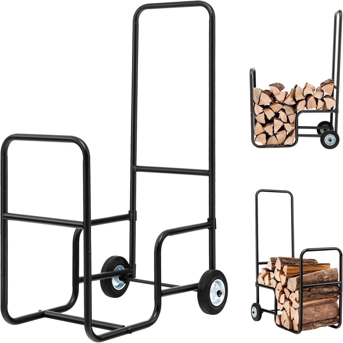 Brandhoutrek met wielen - Houthouder kar - Open haard vullen - Robuust stalen frame - 56x41x90 cm - Zwart