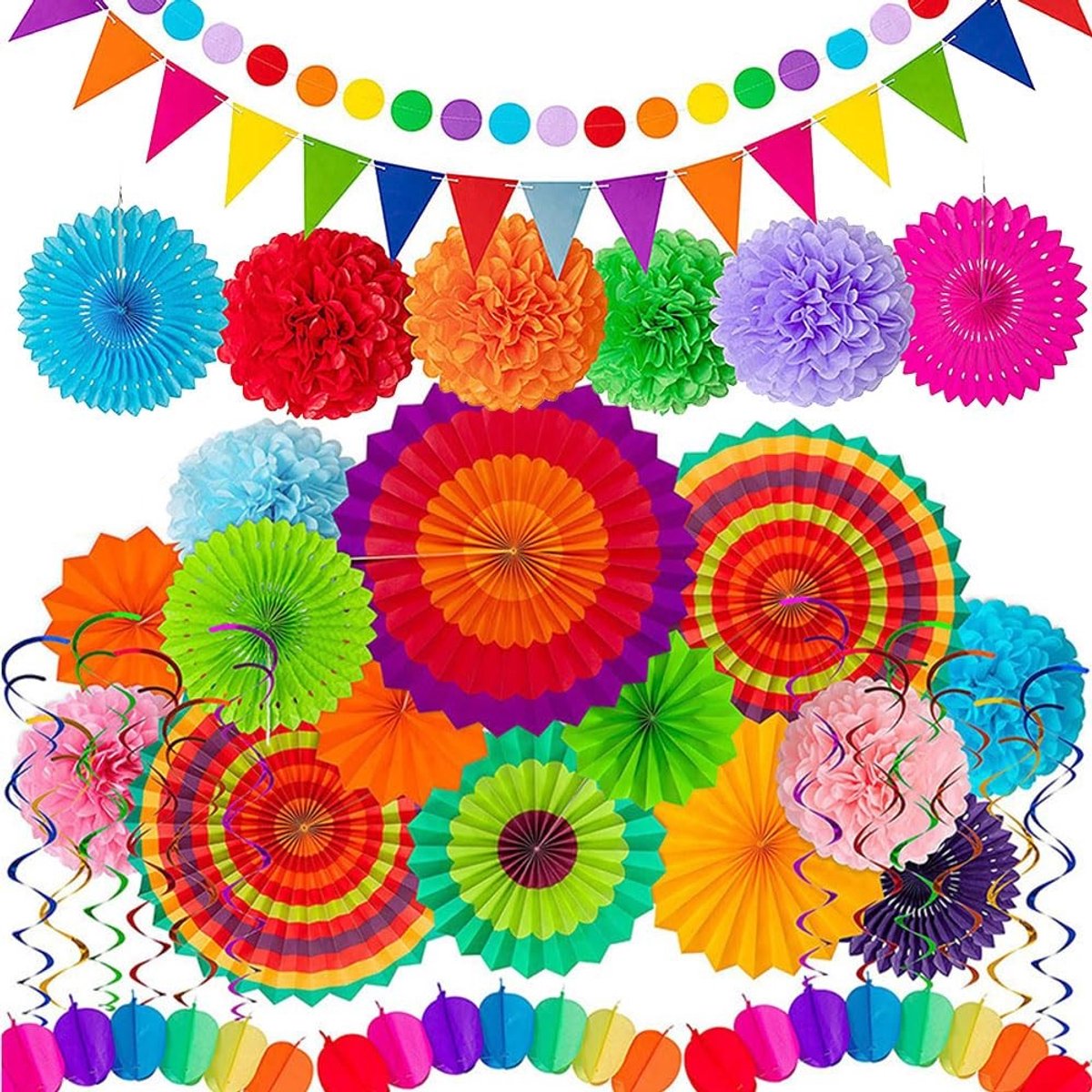 Dailygoods- Feestdecoratieset 34-delig - Papieren Waaiers - Kwastjes - Slingers - Feestversiering Verjaardag - Kleurrijk