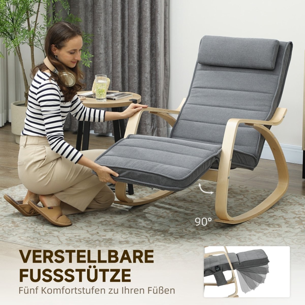 Schommelstoel - Relaxfauteuil Met Massage En Lendenverwarming - Verstelbare Voetensteun - Voor Woonkamer En Leeshoek - Stof Grijs – foto 2