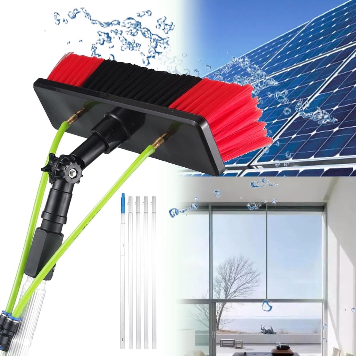 Telescopische Reinigingsset - Lange Borstel Steel - Hoge Oppervlakken Schoonmaken - Wateraangedreven Werking - Tot 12 Meter - Grijs
