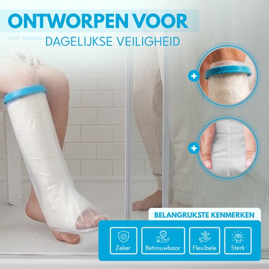 Een vrouw met een witte gipshoes om haar been in een douchecabine. Close-ups tonen de blauwe rand en de textuur van de hoes.