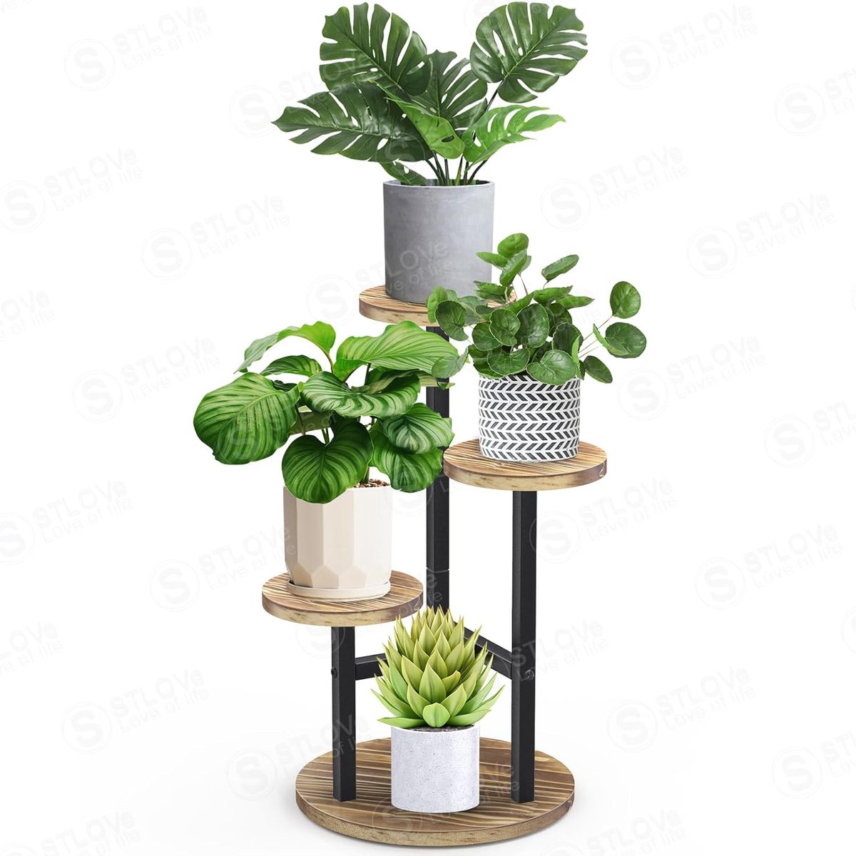 Plantenrek Houten Metalen - Bloemenstandaard Hoog - Planten Presenteren - Stabiel 3-Laags Ontwerp - 32x32x53.5cm - Donkerblauw