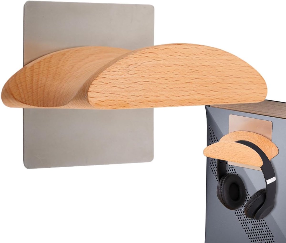 Hoofdtelefoon Houder - Muurstandaard - Bureau Organisatie - Stevige Hout Metaal - 10x6cm - Houtkleur