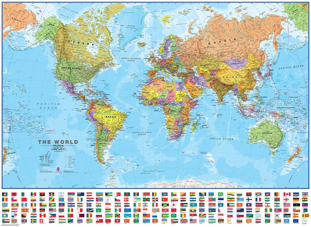 Dailygoods- Wereldkaart Politiek Gelamineerd - Wandkaart met Vlaggen - Educatief Hulpmiddel - 118,9 x 84,1 cm - Interactief - Stijlvolle Wanddecoratie - Muurkaart