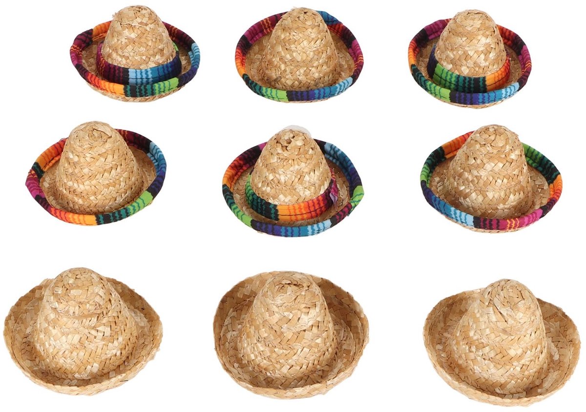 Dailygoods- Hoed Mini Mexicaanse - 9 Stuks - Stro - Party Decoraties - Wijnfles Cover - Lichtgewicht - Kwaliteitsmateriaal - Decoratiehoed